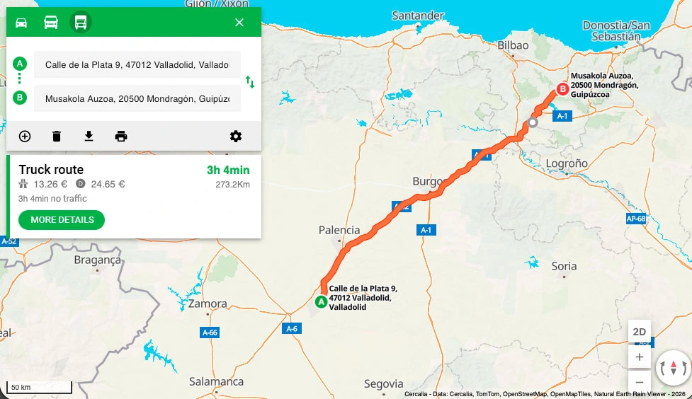 Ruta en un mapa optimizada para camiones
